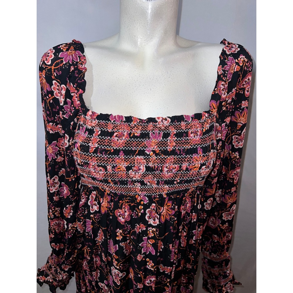 Free People Womens Smocked Floral Midi Dress Black Pink Long Sleeve Size M Boho - Picture 2 of 8